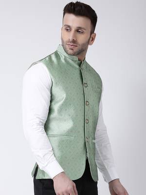 Green Printed Polyester Nehru Jacket 4