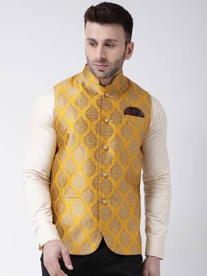 Yellow Printed Polyester Nehru Jacket 1