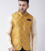 Yellow Printed Polyester Nehru Jacket