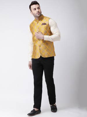 Yellow Printed Polyester Nehru Jacket 2