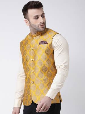 Yellow Printed Polyester Nehru Jacket 3