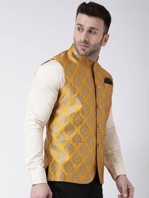 Yellow Printed Polyester Nehru Jacket 4