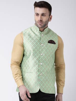 Green Printed Polyester Nehru Jacket 1