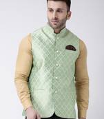Green Printed Polyester Nehru Jacket