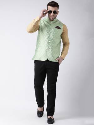 Green Printed Polyester Nehru Jacket 2