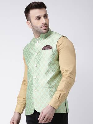 Green Printed Polyester Nehru Jacket 3