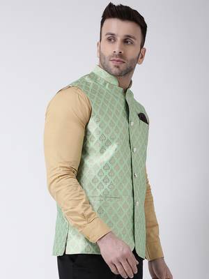Green Printed Polyester Nehru Jacket 4