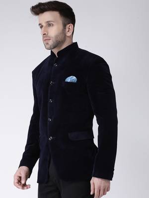 Blue Plain Velvet Men Blazers 3