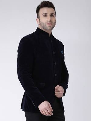 Blue Plain Velvet Men Blazers 4