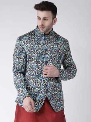 Blue Printed Polyester Men Blazers 1