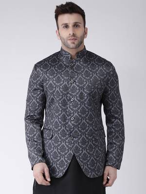 Black Printed Polyester Men Blazers 1