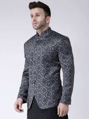Black Printed Polyester Men Blazers 3