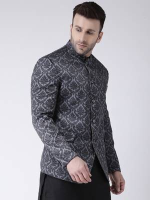 Black Printed Polyester Men Blazers 4
