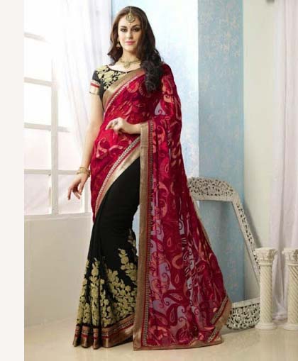 BLACK and RED embroidered net saree with blouse