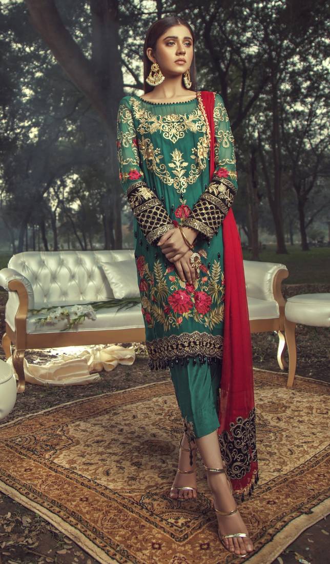 Dark-Green Embroidered Chiffon Salwar