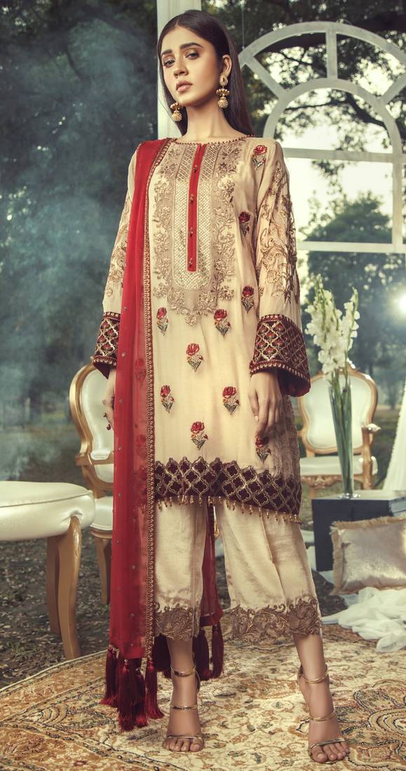 Cream Embroidered Chiffon Salwar