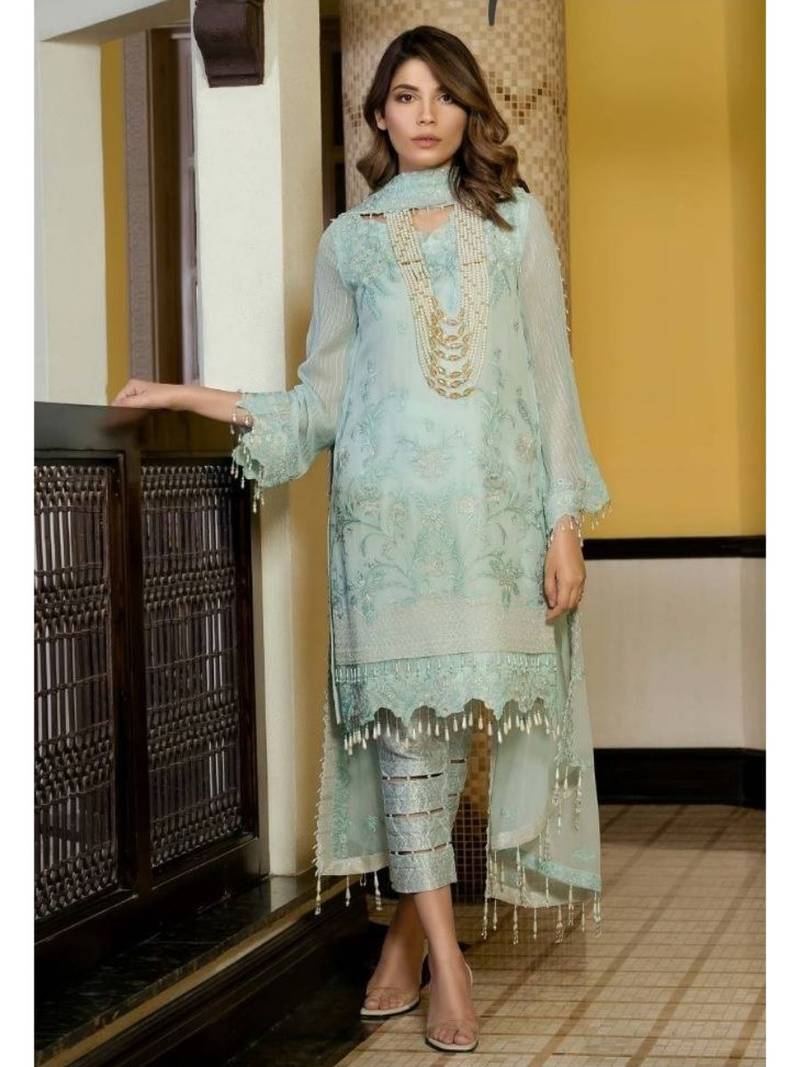 Sky-Blue Embroidered Chiffon Salwar