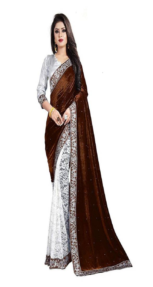 Beige plain velvet saree with blouse
