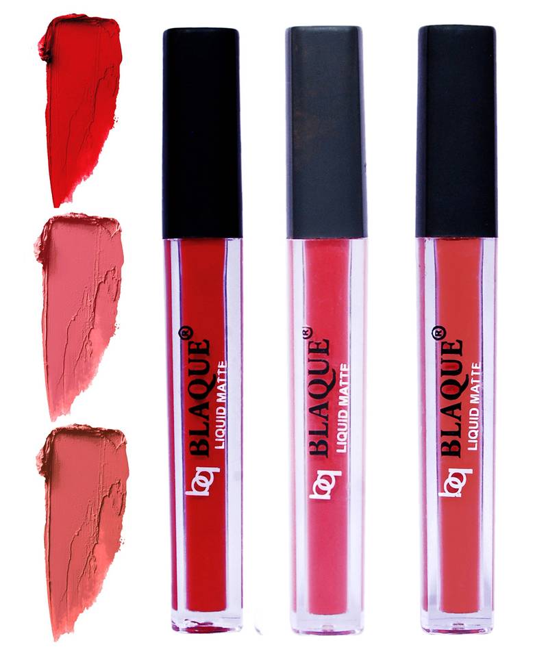 4ml Each 3 Combo Matte Liquid Lipstick, Long Lasting  Red, Pinkish Peach, Dark Coral by bq BLAQUE