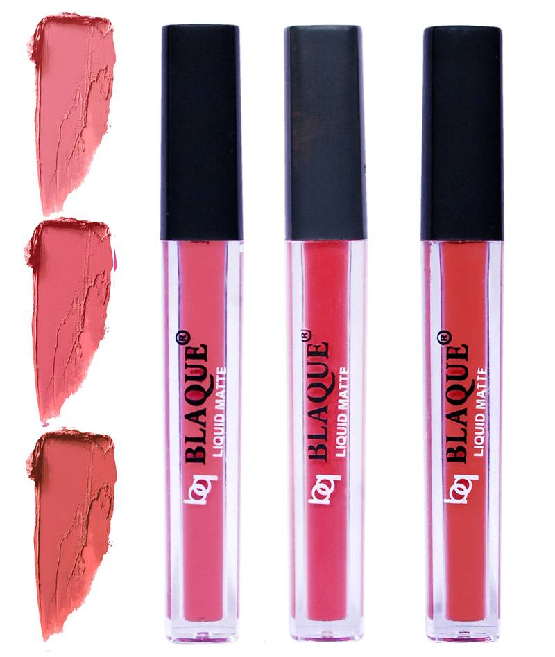 4ml Each 3 Combo Matte Liquid Lipstick, Long Lasting  Coral Peach, Pinkish Peach, Dark Coral by bq BLAQUE