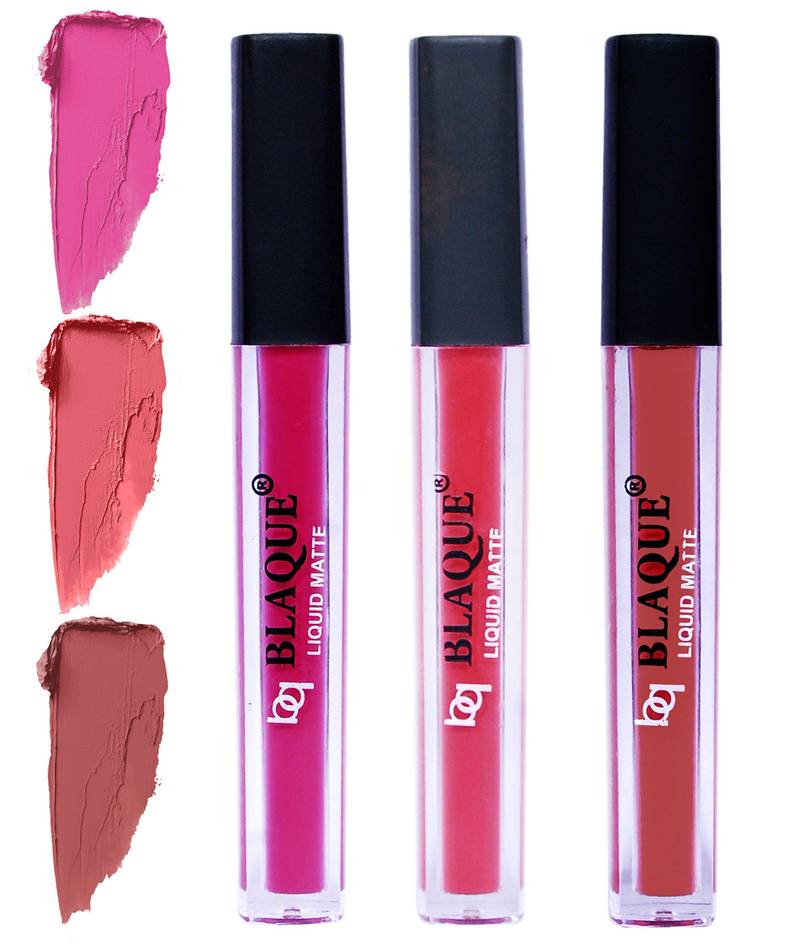 4ml Each 3 Combo Matte Liquid Lipstick, Long Lasting Pink, Pinkish Peach, Brown by bq BLAQUE