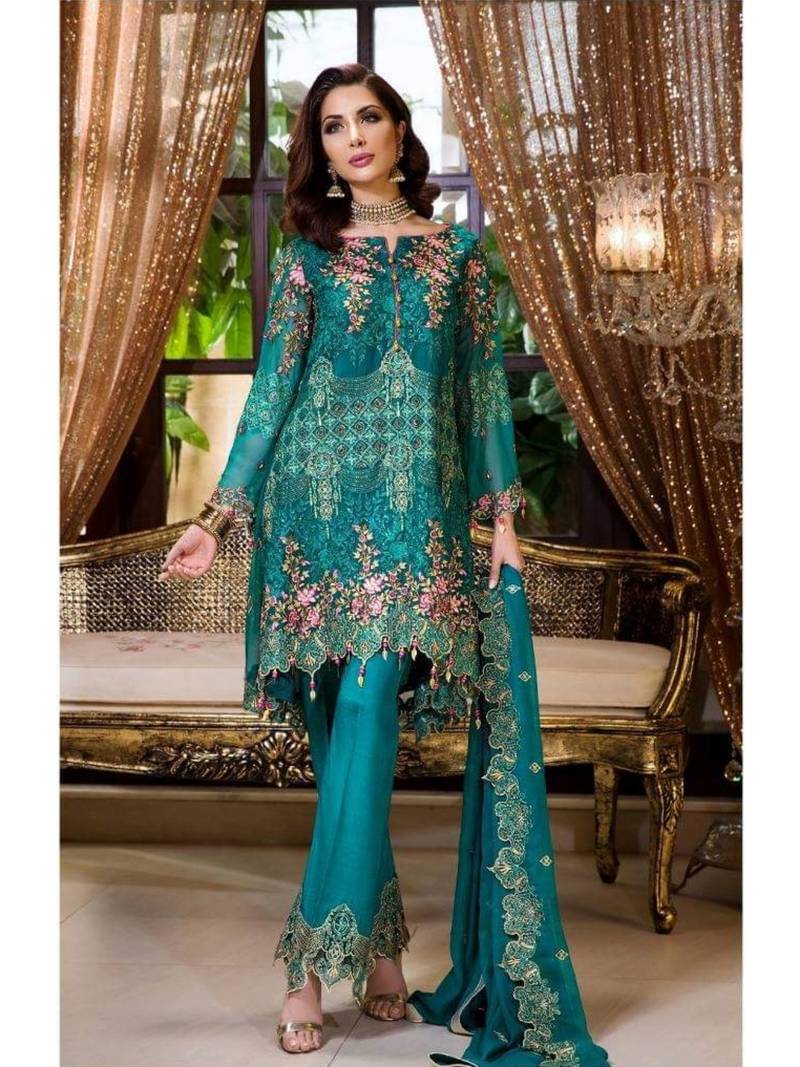 Turquoise Embroidered Chiffon Salwar