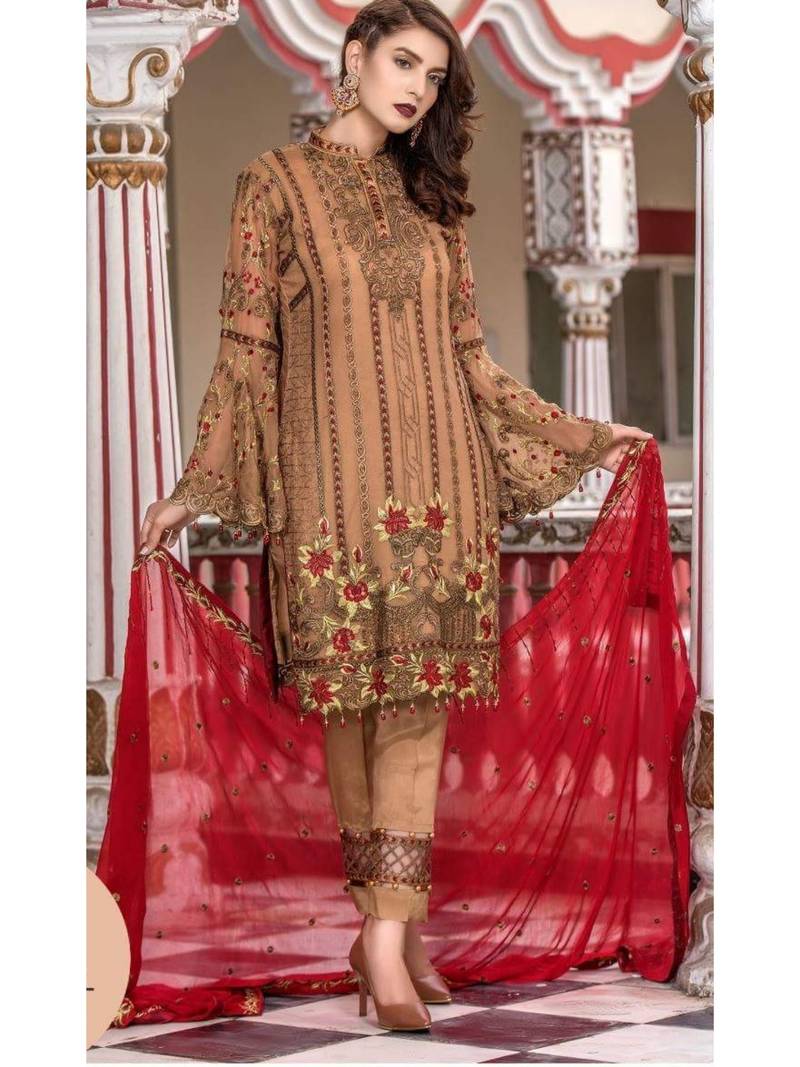 Beige Embroidered Chiffon Salwar