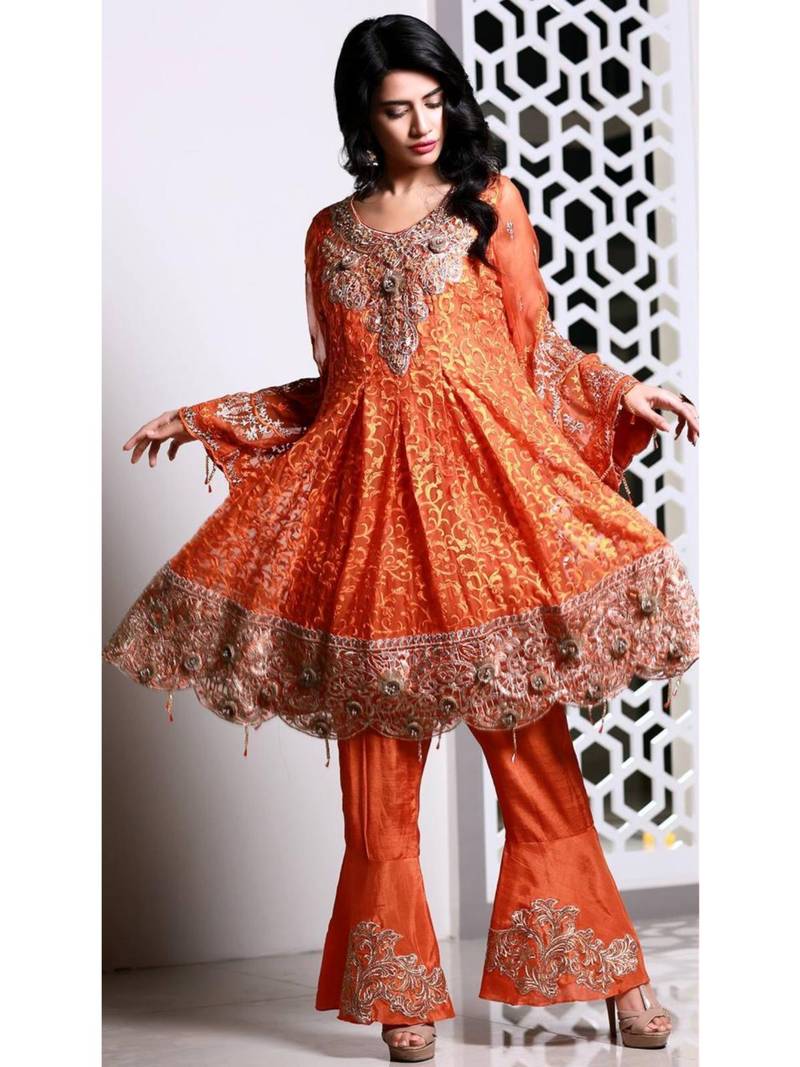 Orange Embroidered Chiffon Salwar