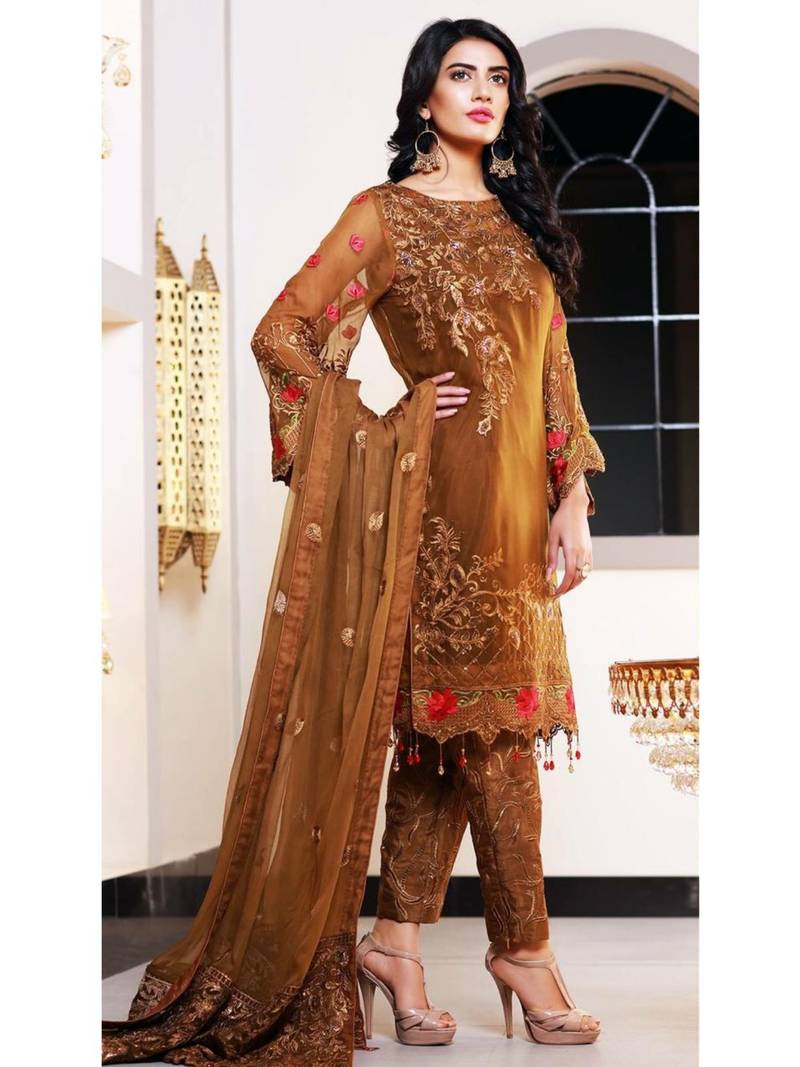 Mustard Embroidered Chiffon Salwar