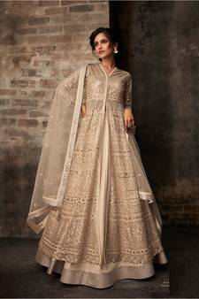 Beige Resham Embroidery Net Salwar