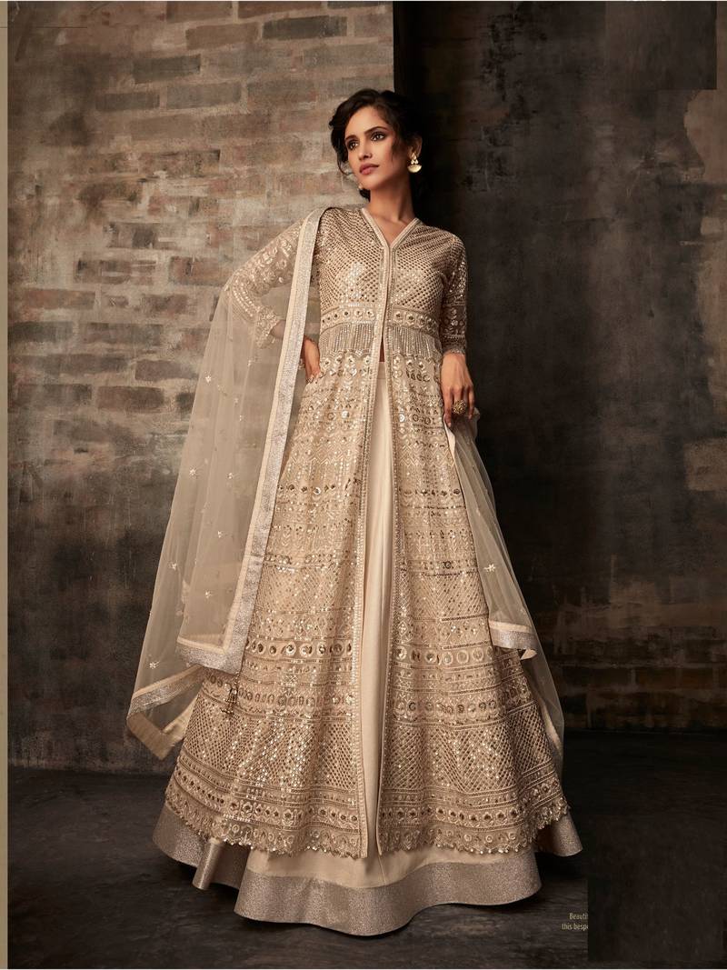 Beige Resham Embroidery Net Salwar