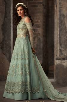 Green Resham Embroidery Net Salwar