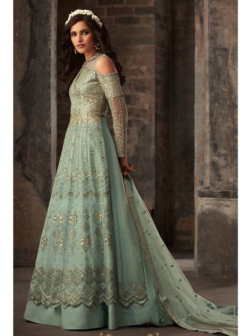 Green Resham Embroidery Net Salwar