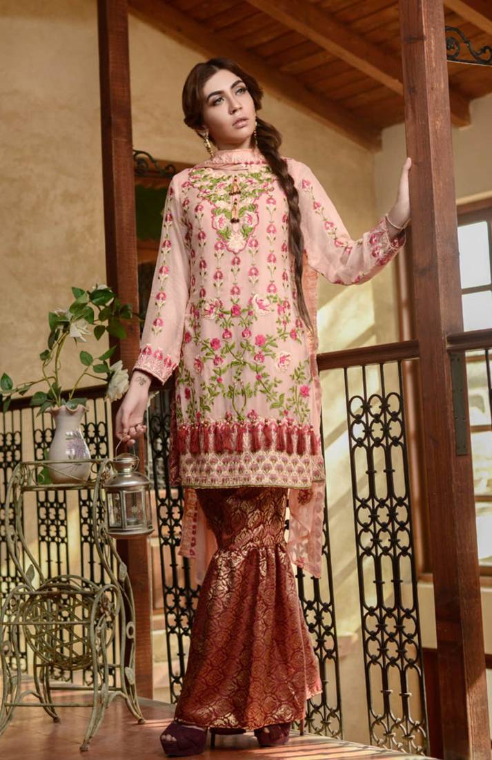 Peach Embroidered Chiffon Salwar