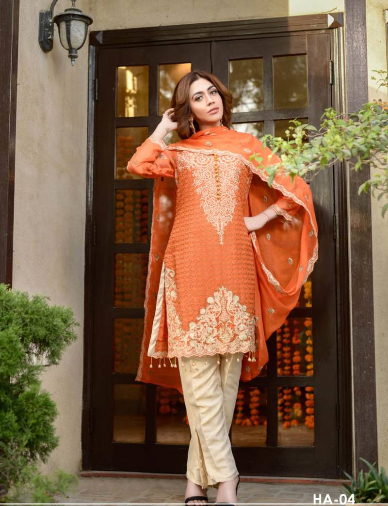 Orange Embroidered Chiffon Salwar