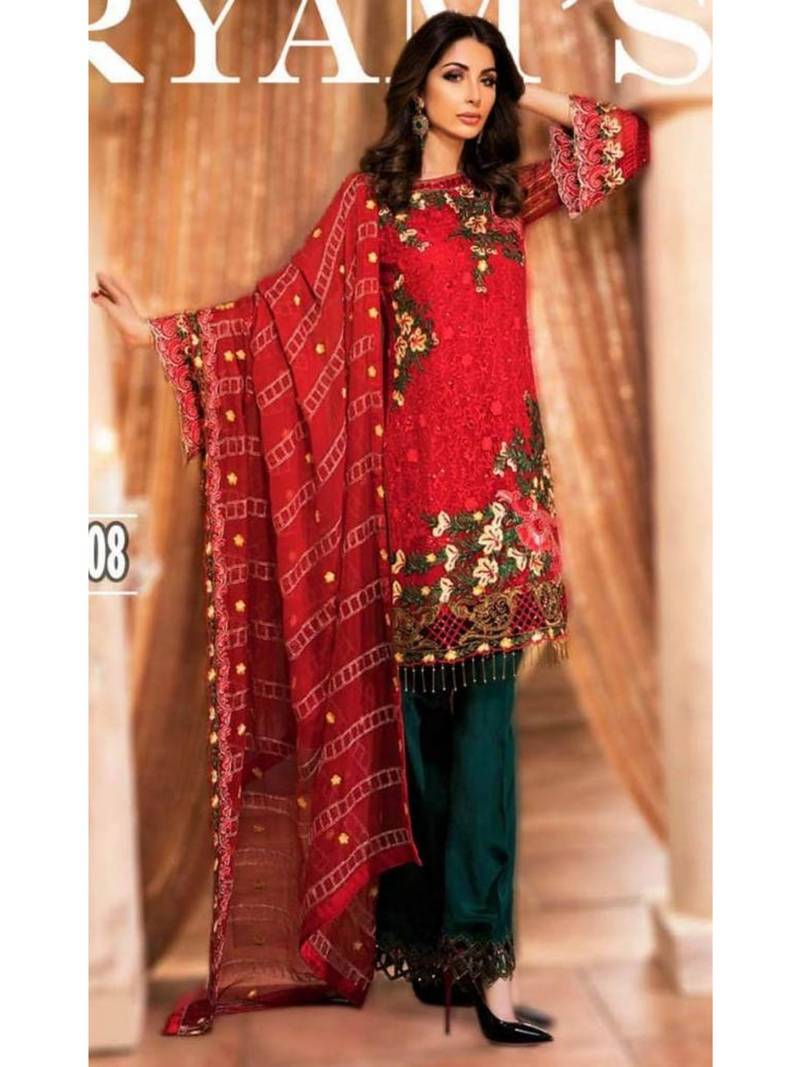 Red Embroidered Chiffon Salwar