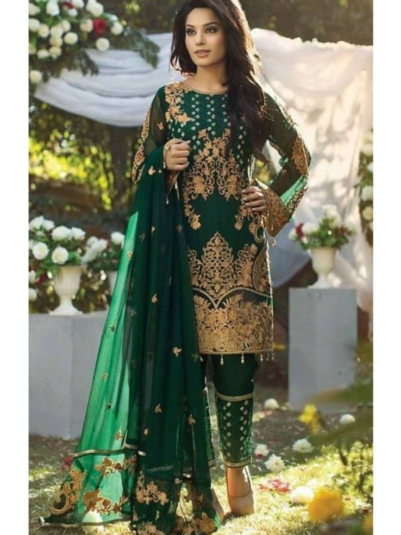 Dark-Green Embroidered Chiffon Salwar