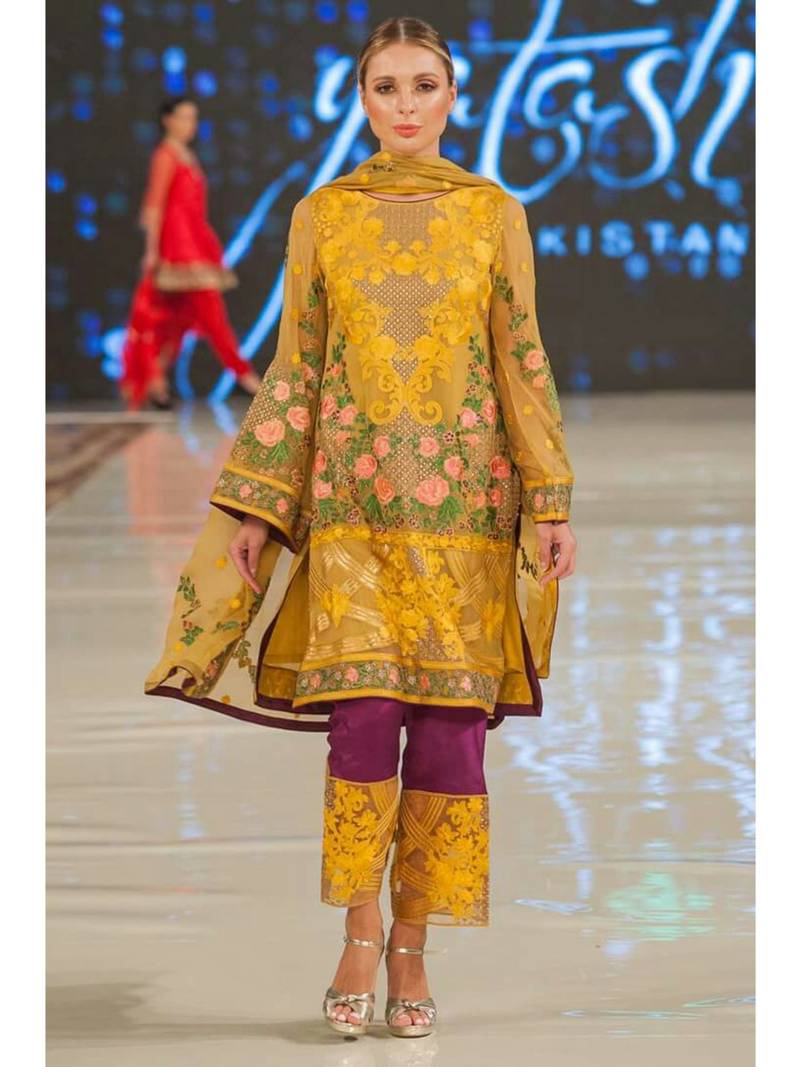 Yellow Embroidered Chiffon Salwar