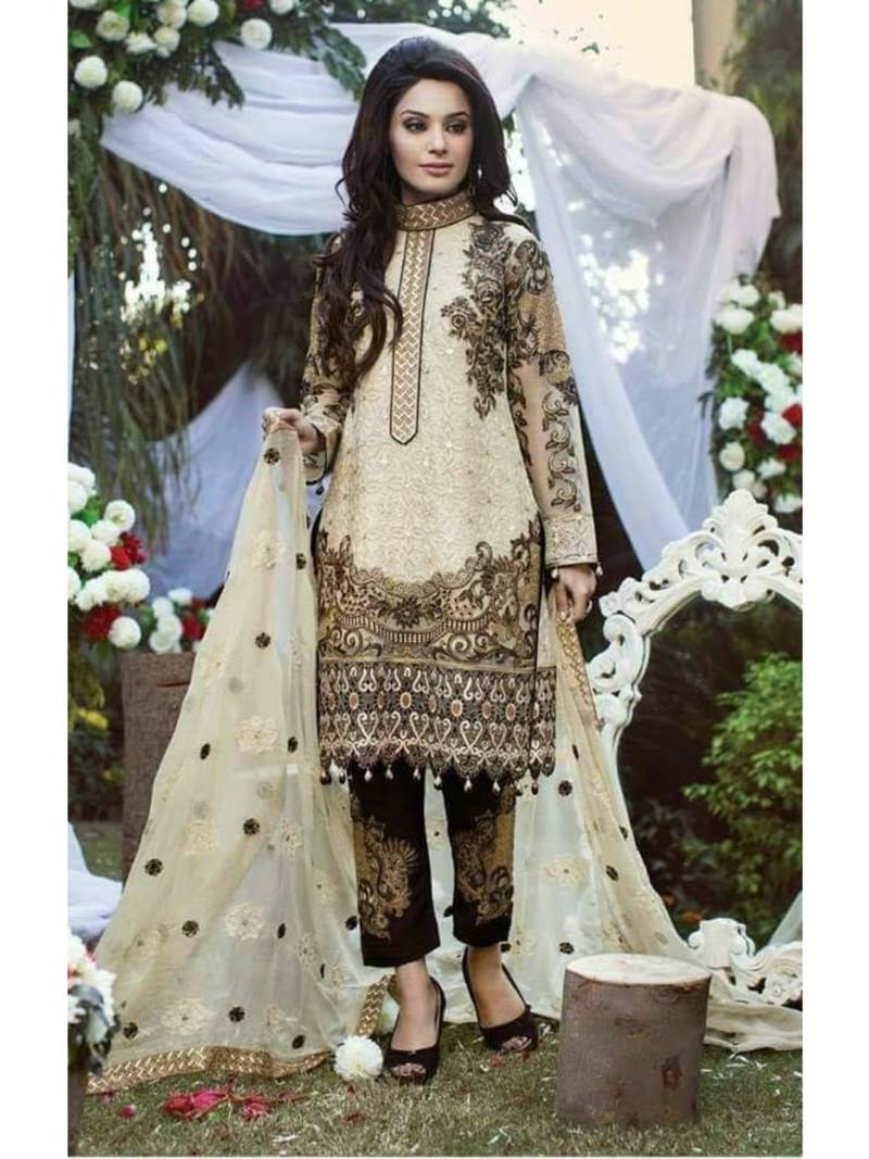 Cream Embroidered Chiffon Salwar
