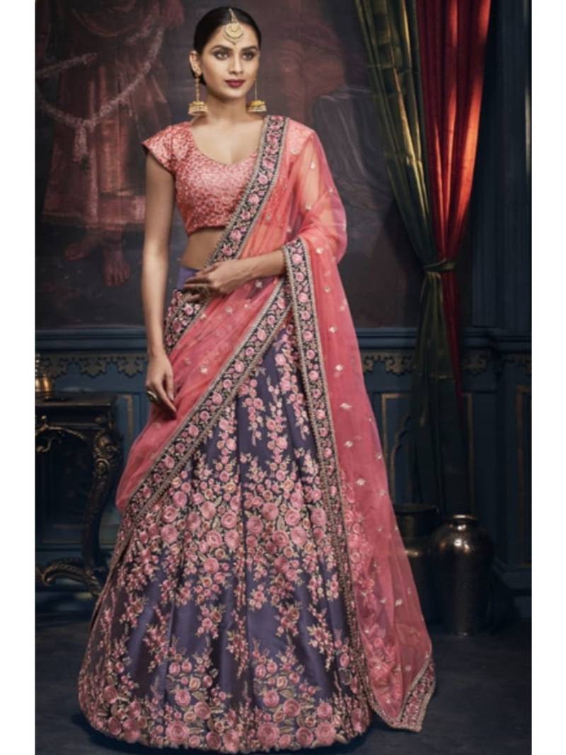 Blue Embroidered Silk Semi Stitched Lehenga