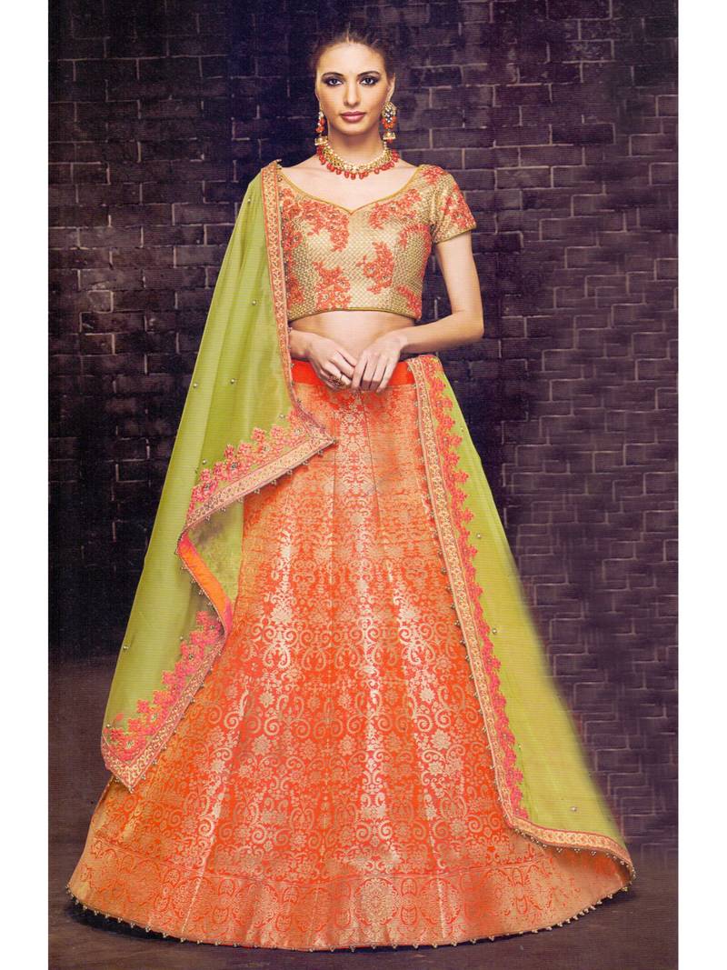 Orange Embroidered Brocade Semi Stitched Lehenga