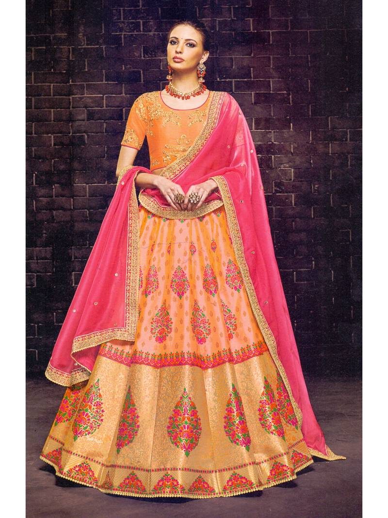 Peach Embroidered Brocade Semi Stitched Lehenga