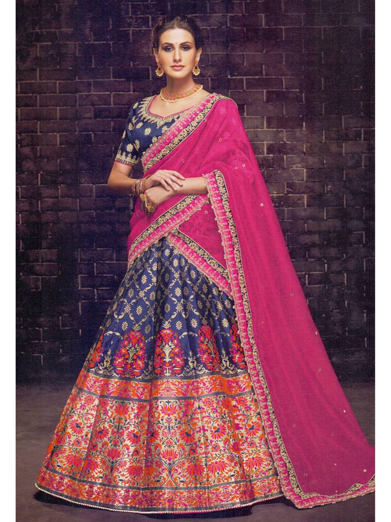 Dark-Blue Embroidered Brocade Semi Stitched Lehenga