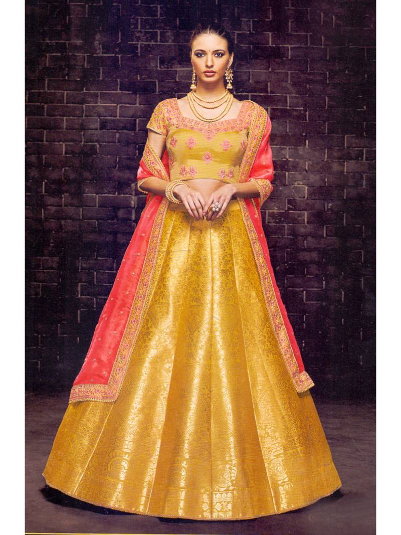 Gold Embroidered Brocade Semi Stitched Lehenga