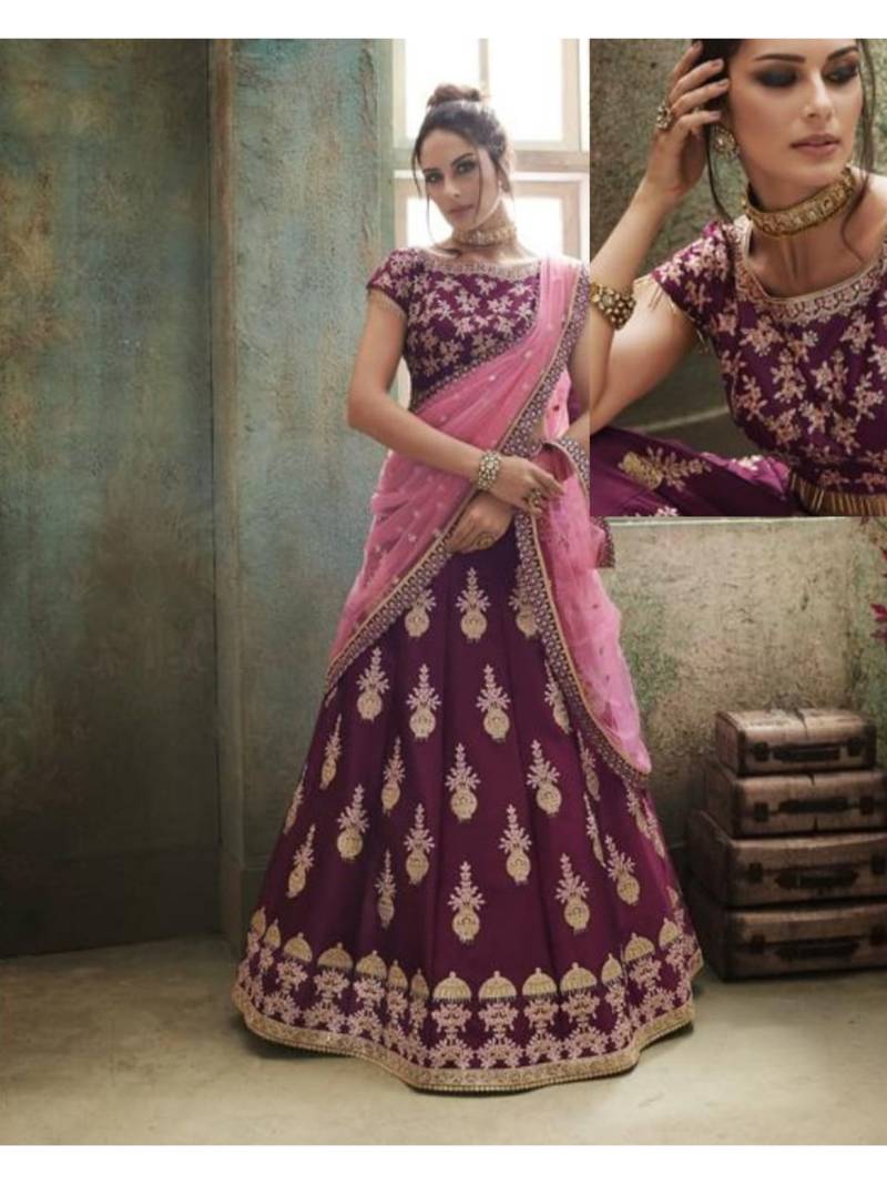 Purple Embroidered Silk Semi Stitched Lehenga