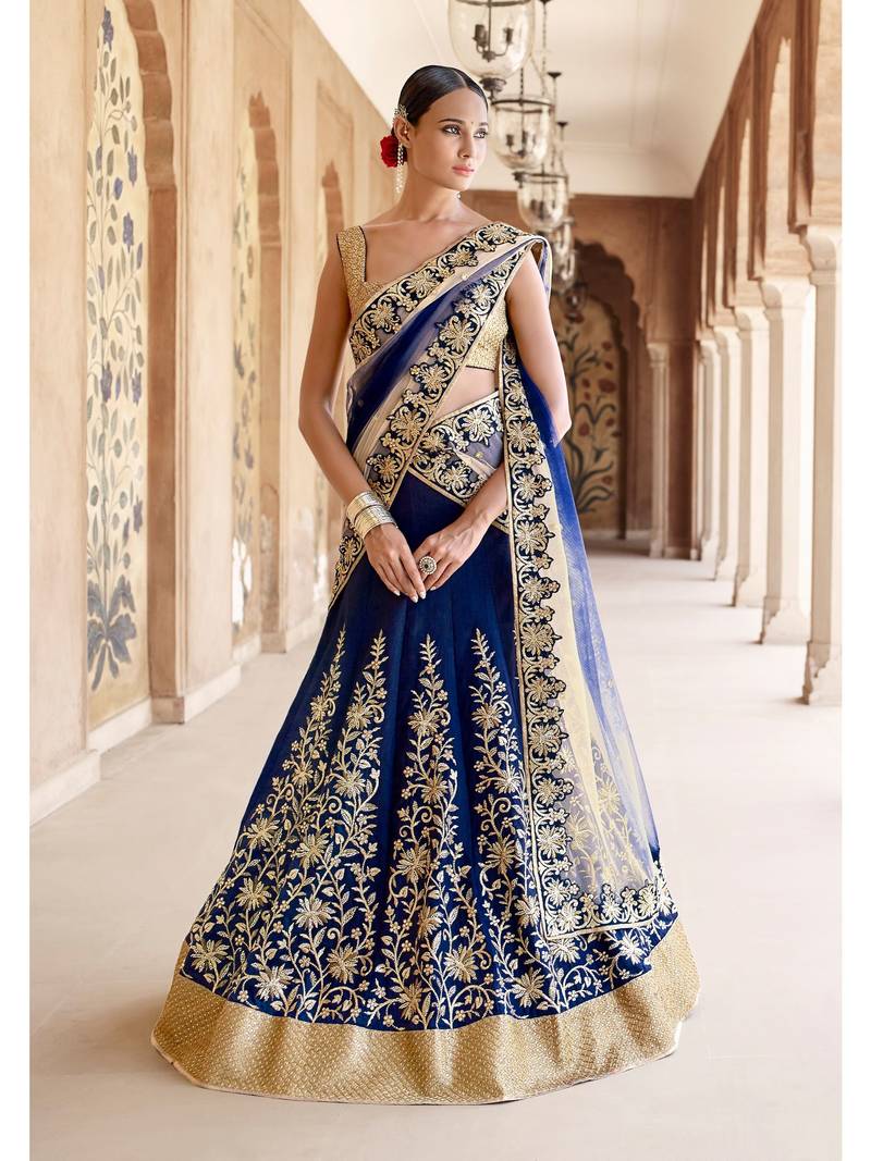 Dark-Blue Embroidered Silk Semi Stitched Lehenga