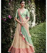 Beige Embroidered Net Semi Stitched Lehenga