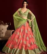 Peach Embroidered Net Semi Stitched Lehenga