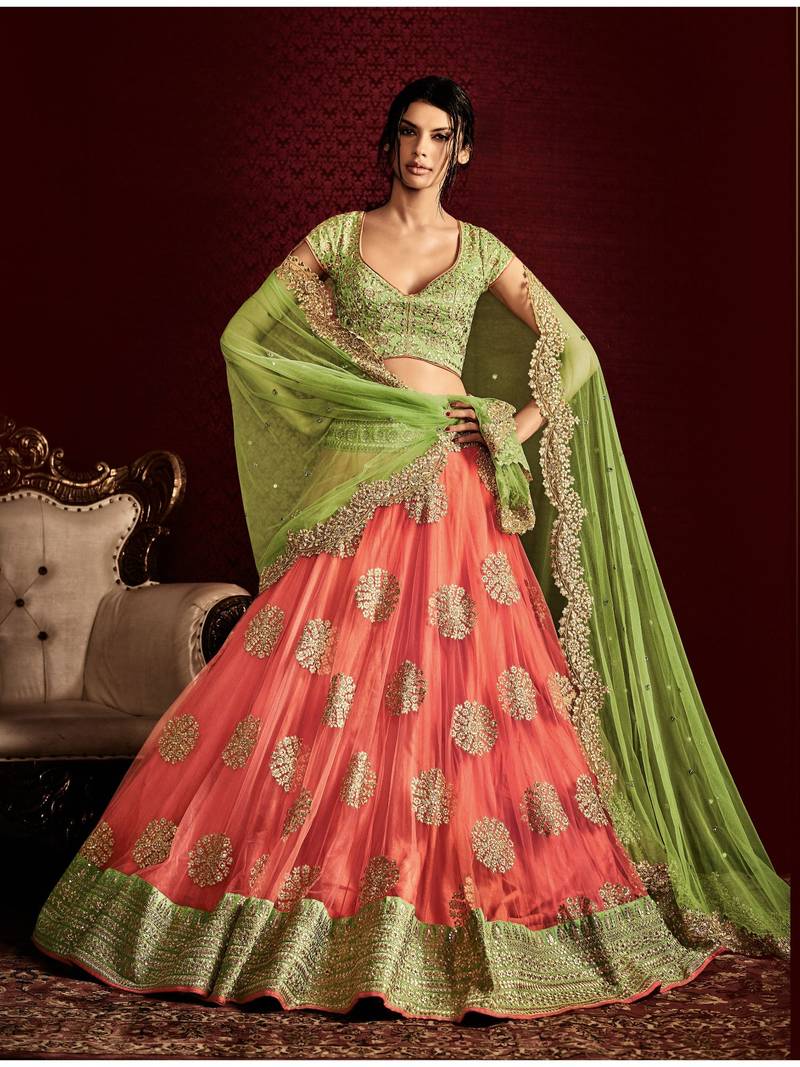 Peach Embroidered Net Semi Stitched Lehenga