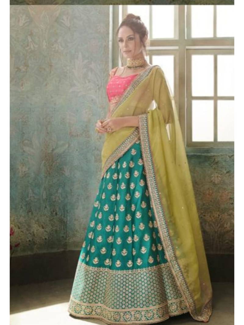 Dark-Green Embroidered Silk Semi Stitched Lehenga